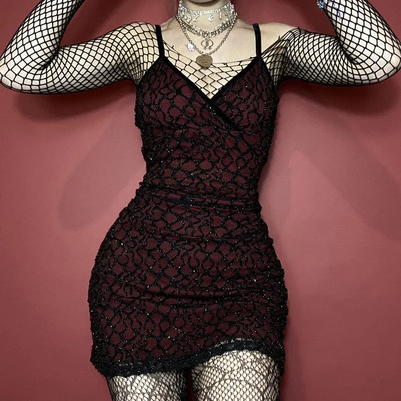 VenusFox Goth Apparel Sexy V Neck Sleeveless Mesh Red Dress Gothic Women Spaghetti Strap Bodycon Backless High Waist Mini Dress
