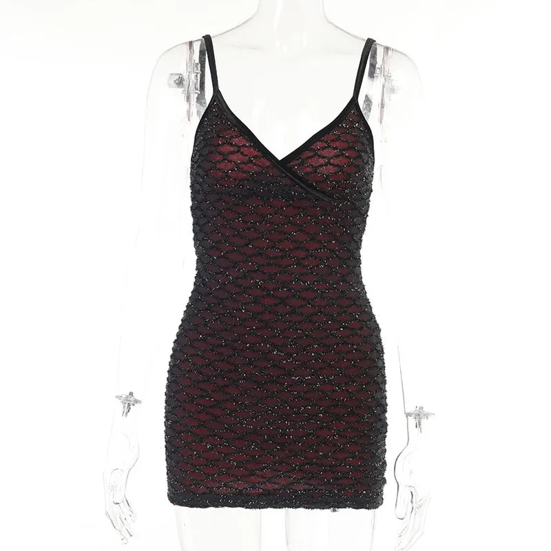 VenusFox Goth Apparel Sexy V Neck Sleeveless Mesh Red Dress Gothic Women Spaghetti Strap Bodycon Backless High Waist Mini Dress