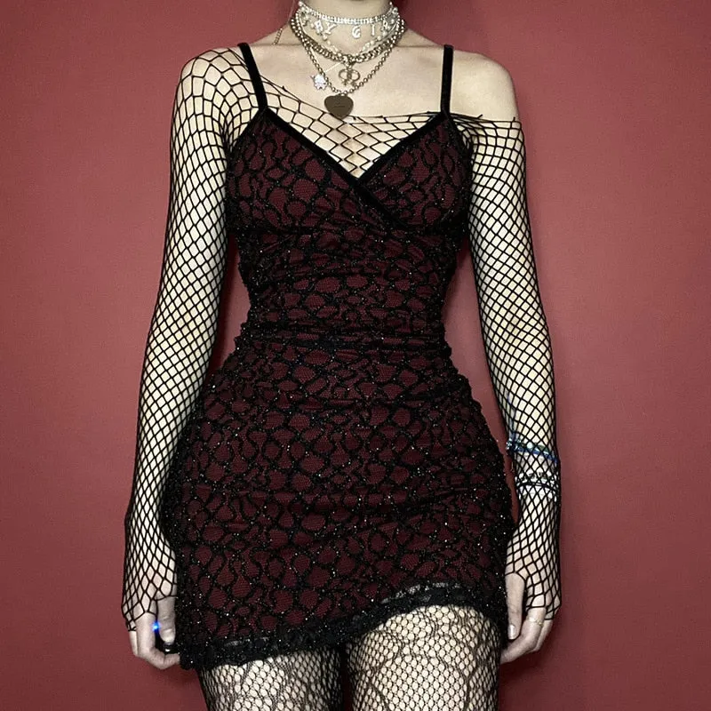 VenusFox Goth Apparel Sexy V Neck Sleeveless Mesh Red Dress Gothic Women Spaghetti Strap Bodycon Backless High Waist Mini Dress
