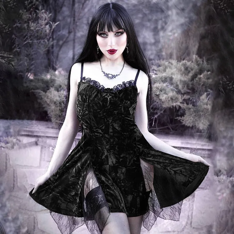 VenusFox Gothic Sexy High Waist Y2k Dress Mall Goth Vintage V Neck Lace Trim Backless Split Spaghetti Straps Dress Egirl Emo Alt Clothes