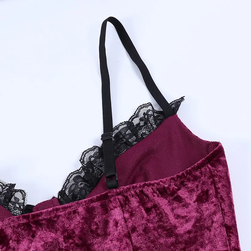 VenusFox Gothic Sexy High Waist Y2k Dress Mall Goth Vintage V Neck Lace Trim Backless Split Spaghetti Straps Dress Egirl Emo Alt Clothes
