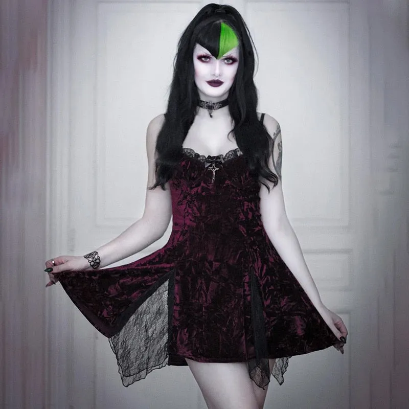 VenusFox Gothic Sexy High Waist Y2k Dress Mall Goth Vintage V Neck Lace Trim Backless Split Spaghetti Straps Dress Egirl Emo Alt Clothes