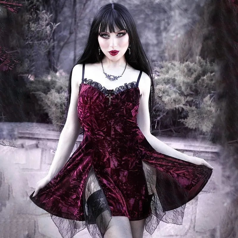 VenusFox Gothic Sexy High Waist Y2k Dress Mall Goth Vintage V Neck Lace Trim Backless Split Spaghetti Straps Dress Egirl Emo Alt Clothes