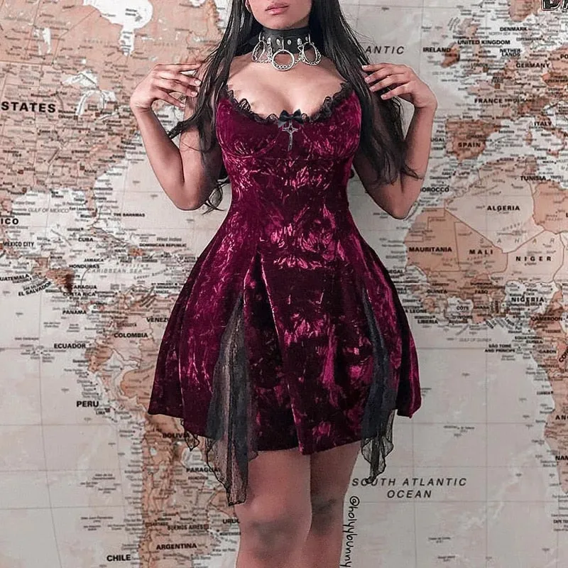 VenusFox Gothic Sexy High Waist Y2k Dress Mall Goth Vintage V Neck Lace Trim Backless Split Spaghetti Straps Dress Egirl Emo Alt Clothes