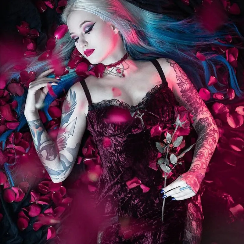 VenusFox Gothic Sexy High Waist Y2k Dress Mall Goth Vintage V Neck Lace Trim Backless Split Spaghetti Straps Dress Egirl Emo Alt Clothes
