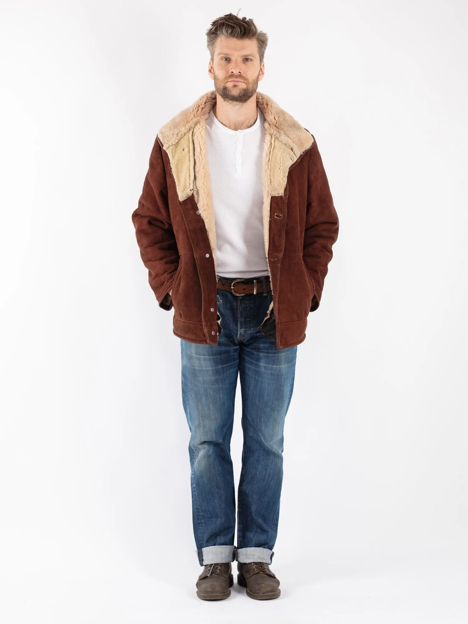 Vintage 70's Men Sheepskin Shearling Jacket in Brown
