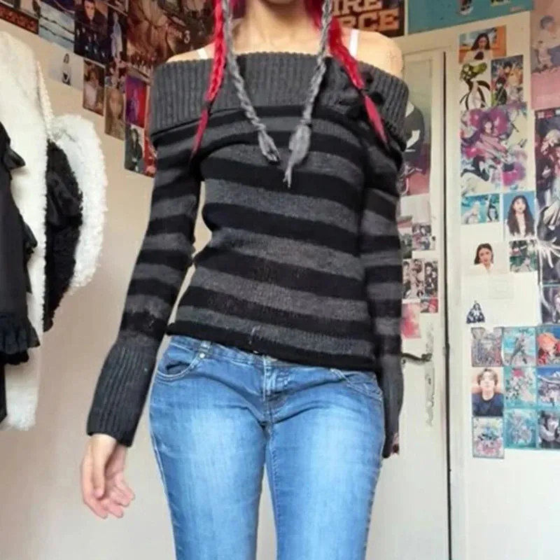 Vintage Stripe Winter Sweater Women Knitted Pullover Off Shoulder Gothic Fashion Lace Up Preppy Style Jumper Knitwear