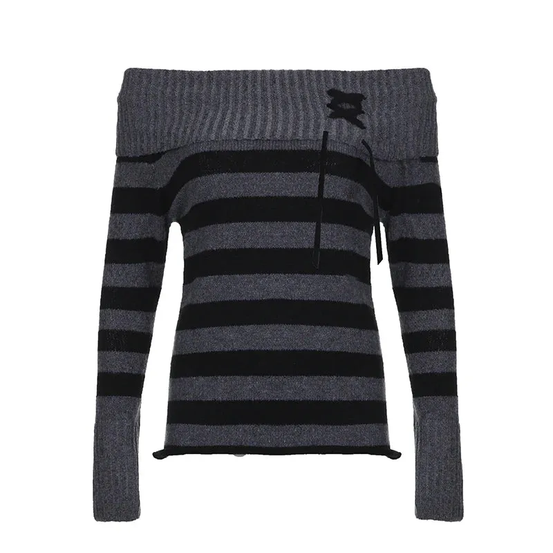 Vintage Stripe Winter Sweater Women Knitted Pullover Off Shoulder Gothic Fashion Lace Up Preppy Style Jumper Knitwear