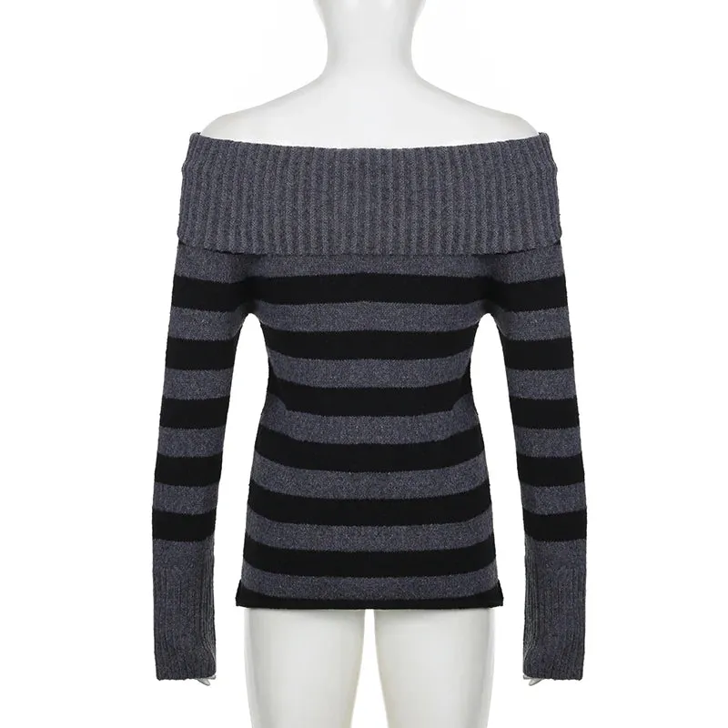Vintage Stripe Winter Sweater Women Knitted Pullover Off Shoulder Gothic Fashion Lace Up Preppy Style Jumper Knitwear
