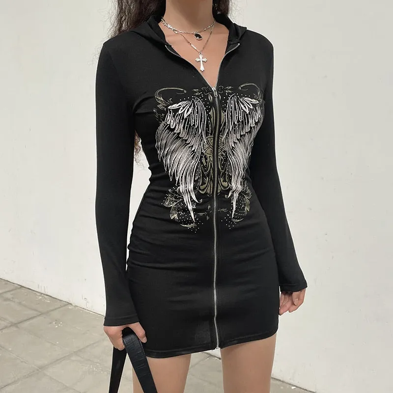 Wjczt    Gothic Grunge Fairycore Wings Printed Graphic Zipper Hooded Bodycon Dress Women Dark Academia Autumn Mini Dresses Y2K