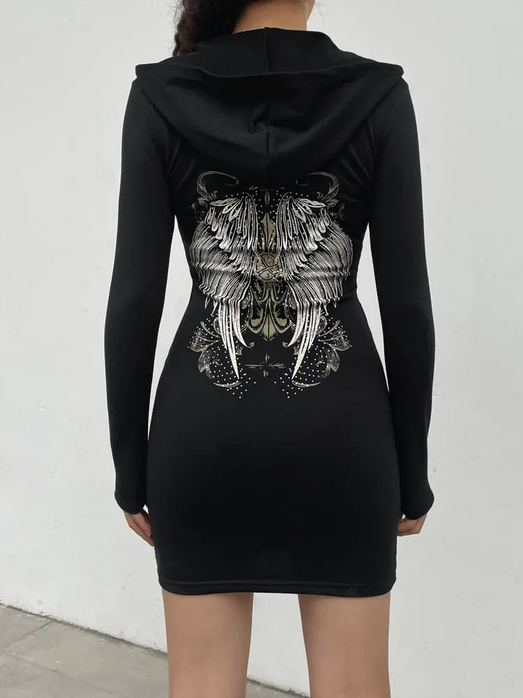Wjczt    Gothic Grunge Fairycore Wings Printed Graphic Zipper Hooded Bodycon Dress Women Dark Academia Autumn Mini Dresses Y2K