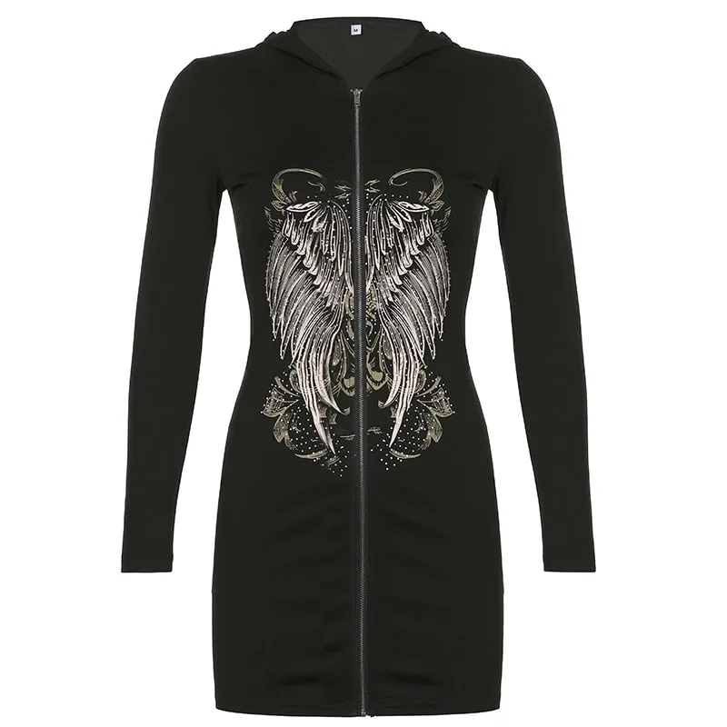 Wjczt    Gothic Grunge Fairycore Wings Printed Graphic Zipper Hooded Bodycon Dress Women Dark Academia Autumn Mini Dresses Y2K