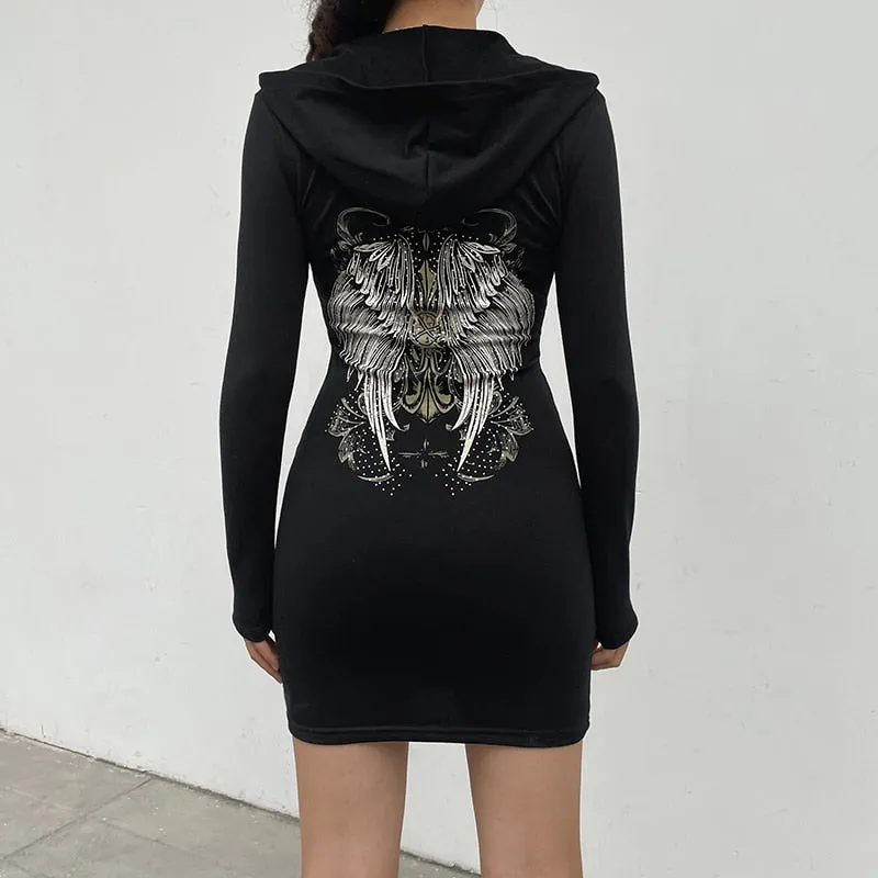 Wjczt    Gothic Grunge Fairycore Wings Printed Graphic Zipper Hooded Bodycon Dress Women Dark Academia Autumn Mini Dresses Y2K