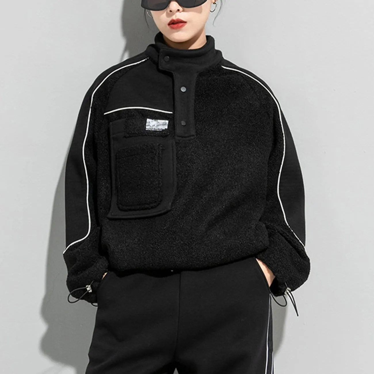 WLS Dark Patchwork Drawstring Sherpa Sweatshirt