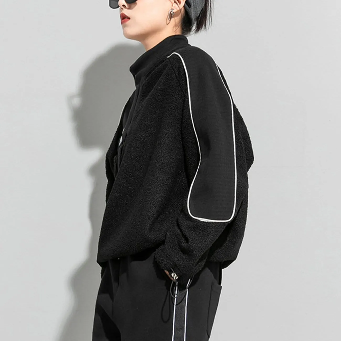 WLS Dark Patchwork Drawstring Sherpa Sweatshirt