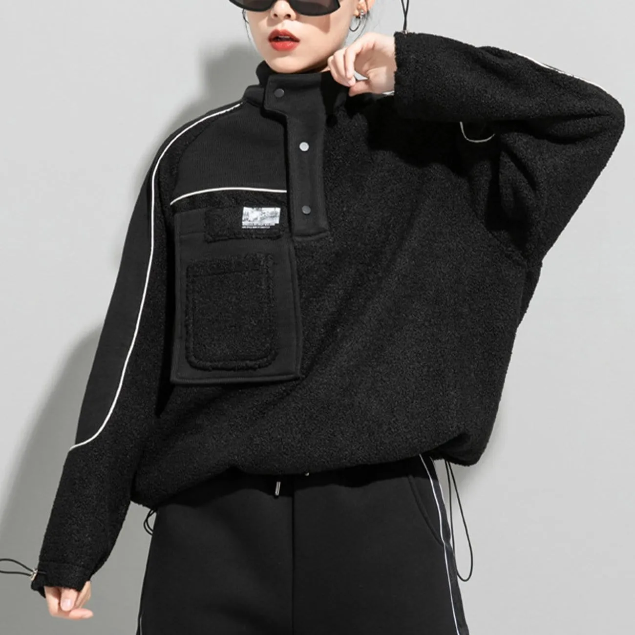 WLS Dark Patchwork Drawstring Sherpa Sweatshirt
