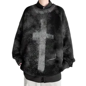 WLS Dark Tie Dye Cross Knitted Sweater