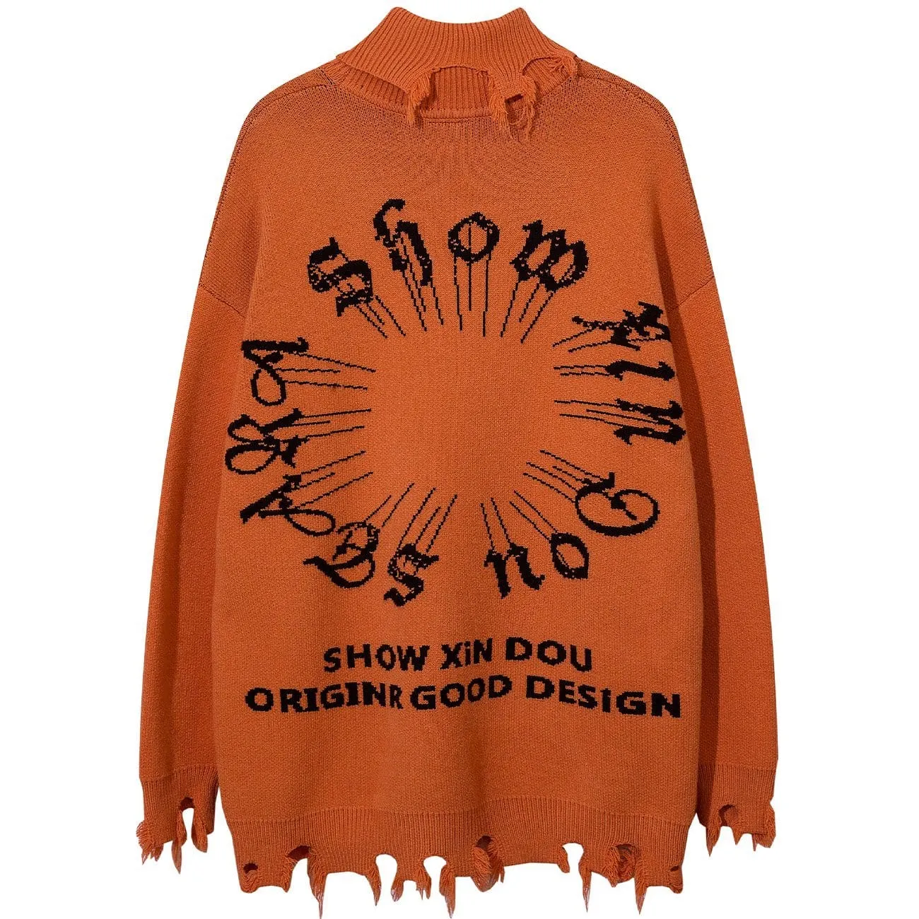 WLS Ripped Tassel Turtleneck Knitted Sweater