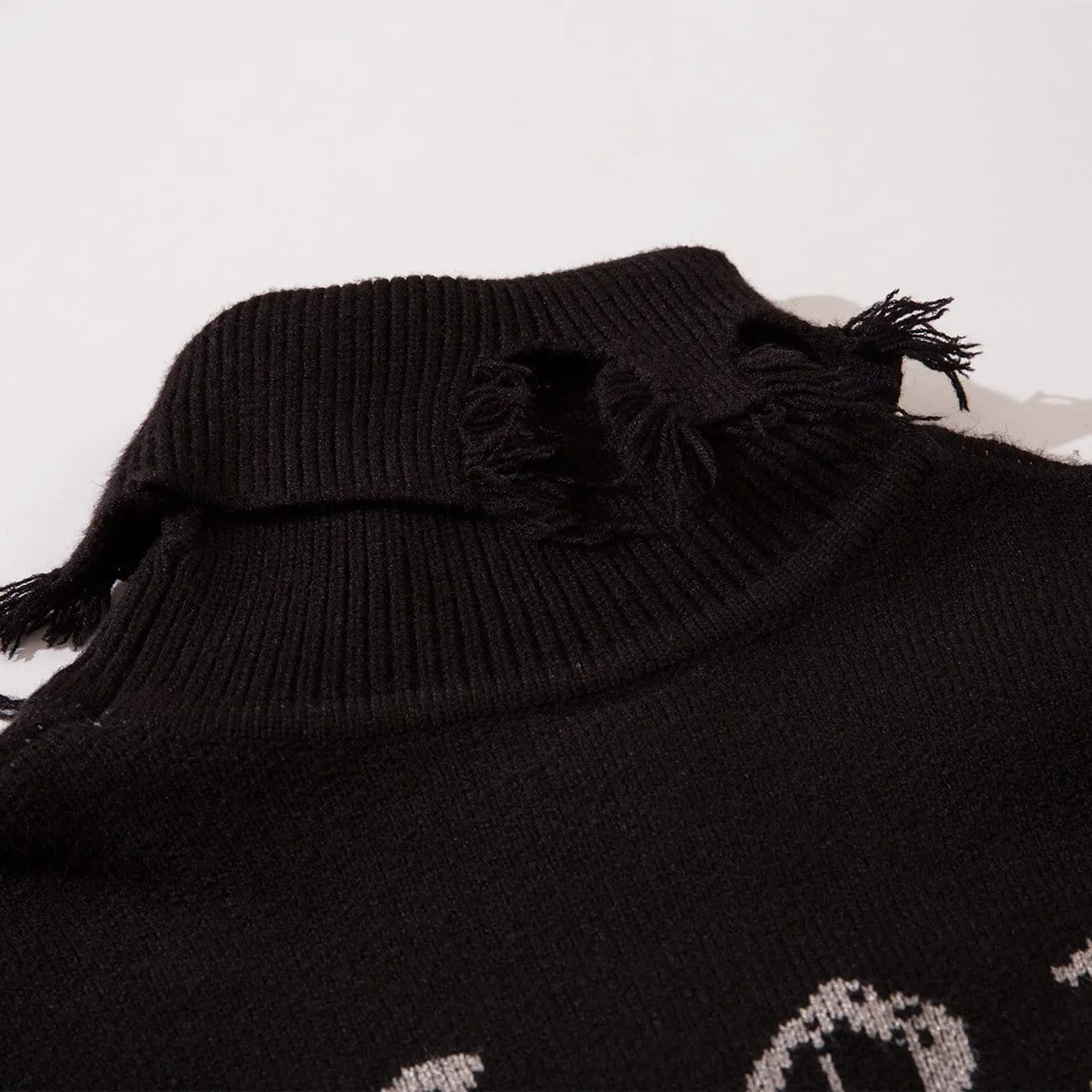 WLS Ripped Tassel Turtleneck Knitted Sweater