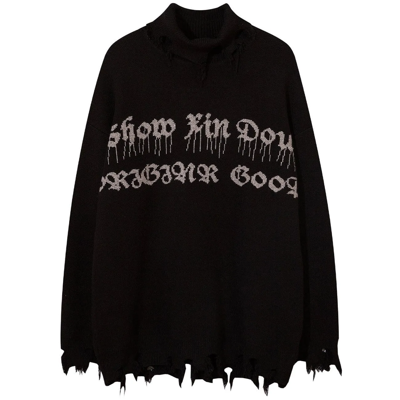 WLS Ripped Tassel Turtleneck Knitted Sweater
