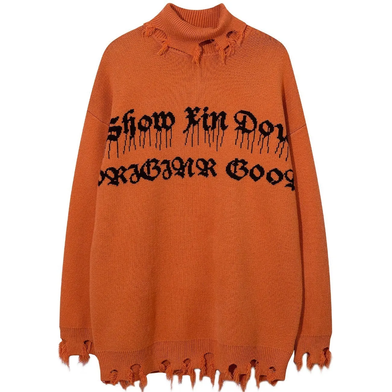 WLS Ripped Tassel Turtleneck Knitted Sweater