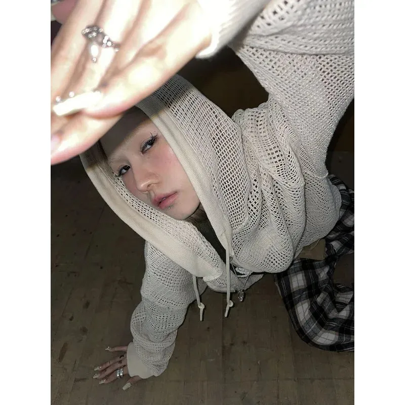 Y2K Zip Up Women's Knit Cardigan Hollow Out Knitwear Harajuku Networks Hood Sweater Spring Vintage Gyaru Gothic Korean