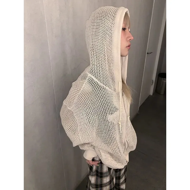 Y2K Zip Up Women's Knit Cardigan Hollow Out Knitwear Harajuku Networks Hood Sweater Spring Vintage Gyaru Gothic Korean