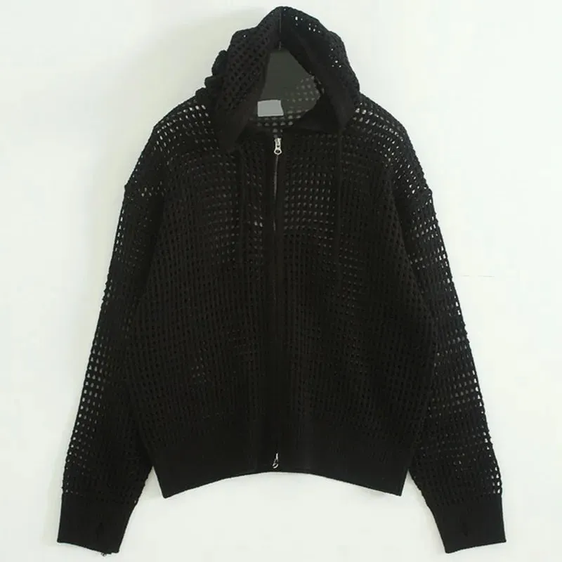 Y2K Zip Up Women's Knit Cardigan Hollow Out Knitwear Harajuku Networks Hood Sweater Spring Vintage Gyaru Gothic Korean
