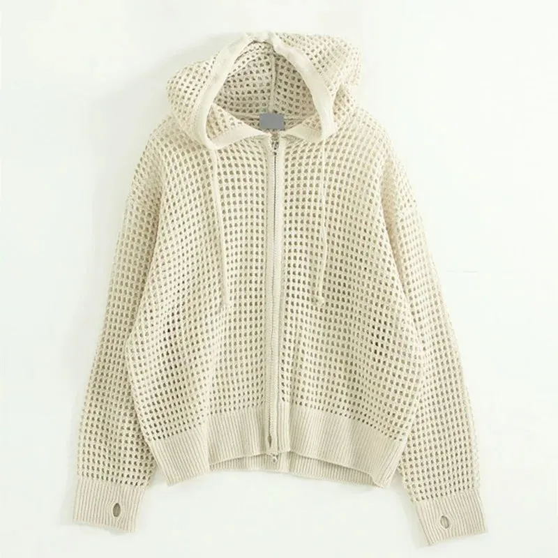 Y2K Zip Up Women's Knit Cardigan Hollow Out Knitwear Harajuku Networks Hood Sweater Spring Vintage Gyaru Gothic Korean