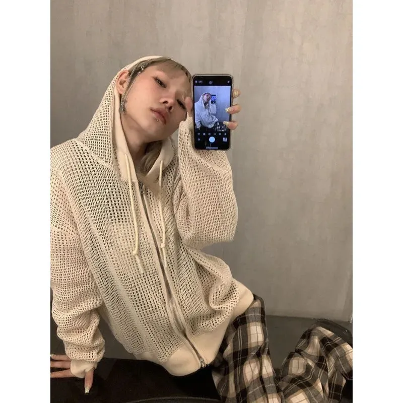 Y2K Zip Up Women's Knit Cardigan Hollow Out Knitwear Harajuku Networks Hood Sweater Spring Vintage Gyaru Gothic Korean